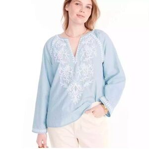 J Crew chambray embroidered V neck tunic style top size medium